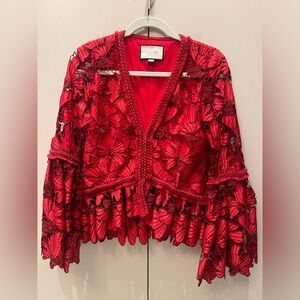 Alexis Vinton V-neck floral lace long-sleeve top in red size S